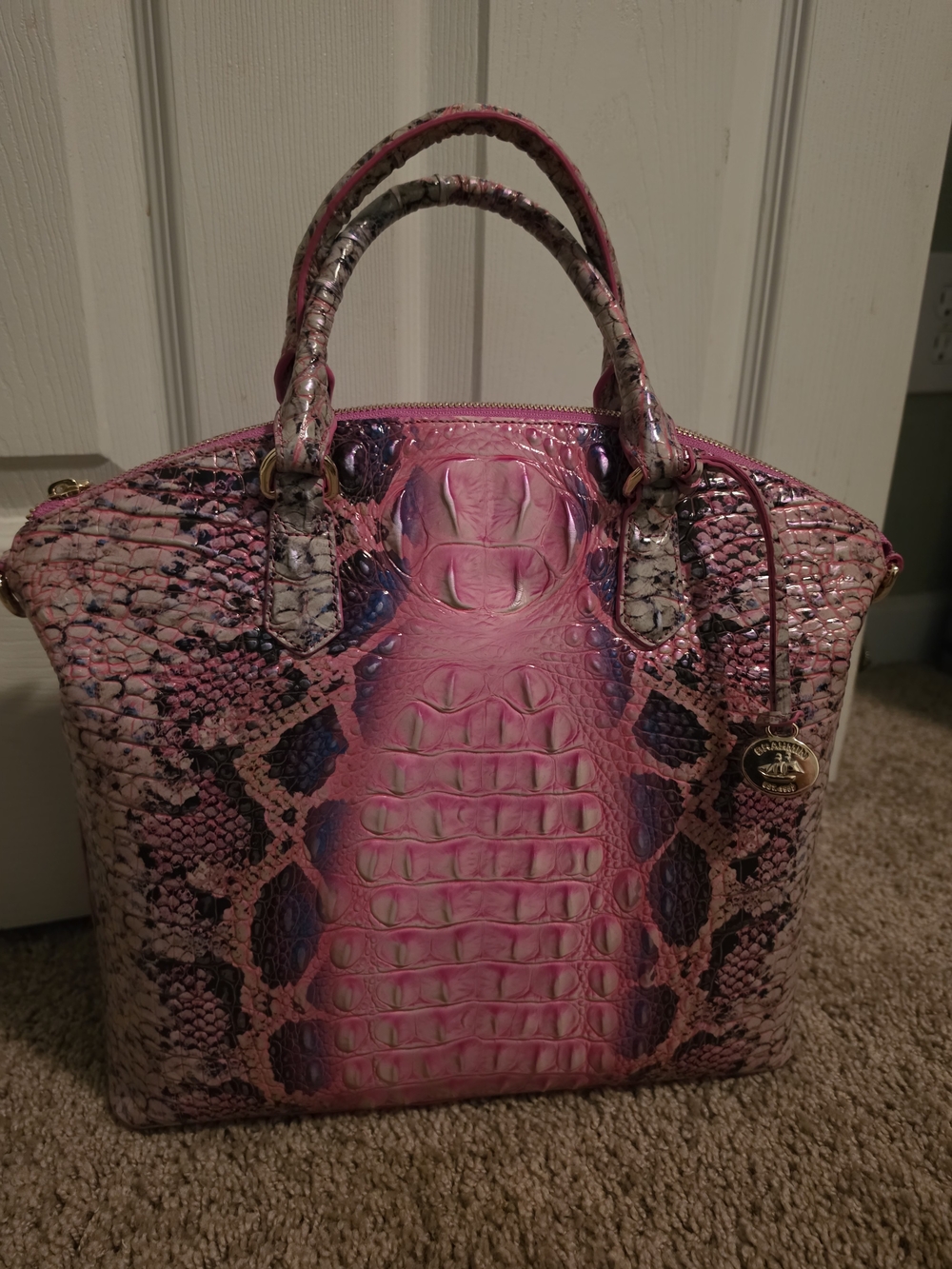 New Brahmin Pink Snake-Embossed Satchel with Purple Accents - Picture 2 of 13